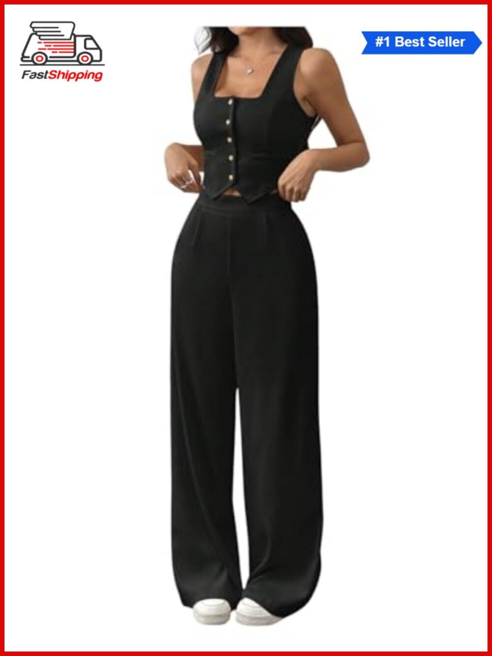 ✨WDIRARA 2 Piece Wide Leg Pants Set Sleeveless Crop Blazer Vest Suit